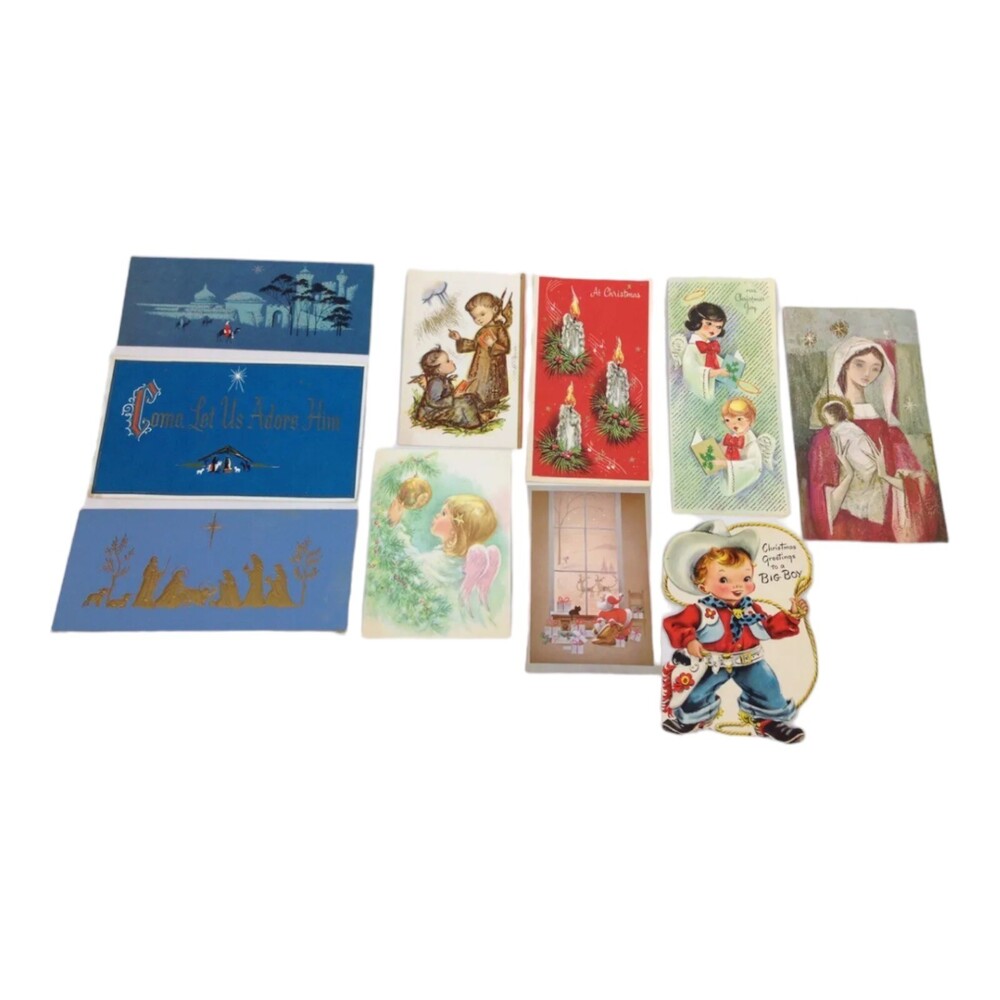 10pc Lot VTG 50s 60s XMAS Greeting Cards Santa Norcross Hallmark Cowboy Gibson